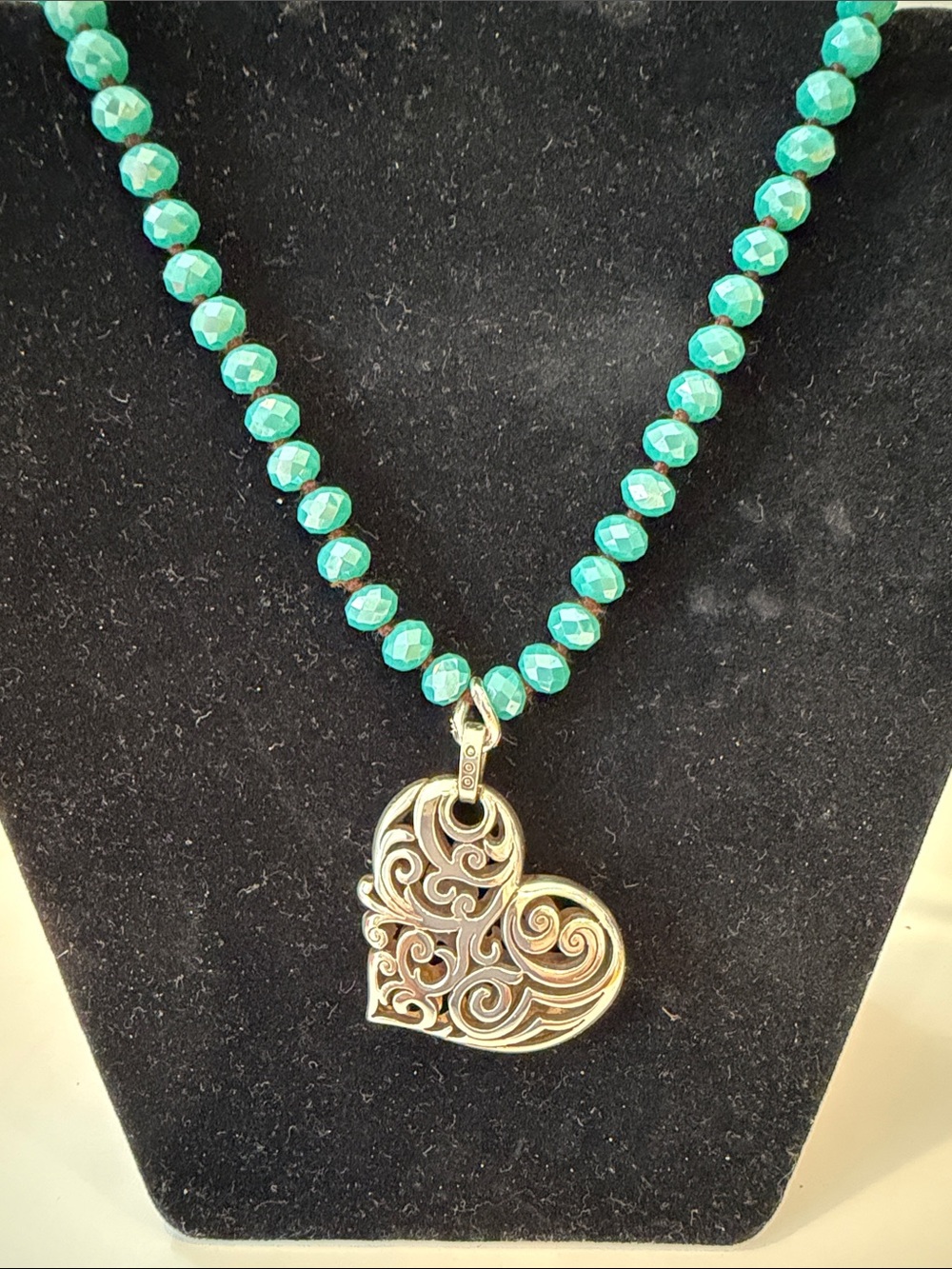Brighton Silver Filigree Heart Pendant on Faceted Teal Beads.
